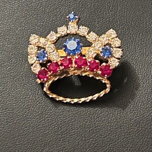 Vintage Crown Rhinestone Brooch Red White Blue Queen King Royalty Lapel Pin